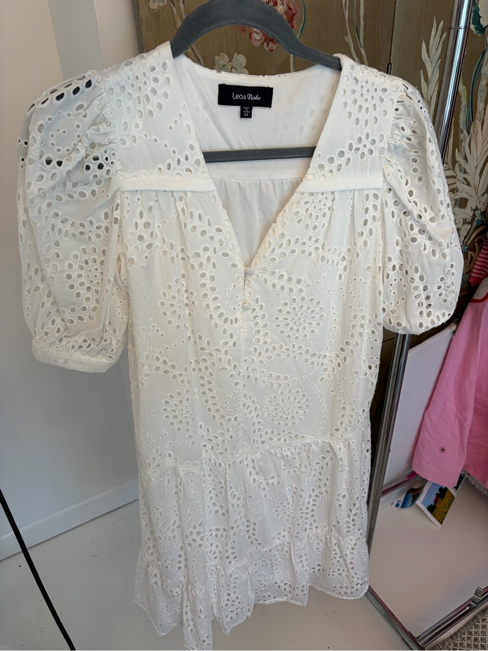 Lea & Viola White Eyelet Puff-Sleeve Cotton Dress
